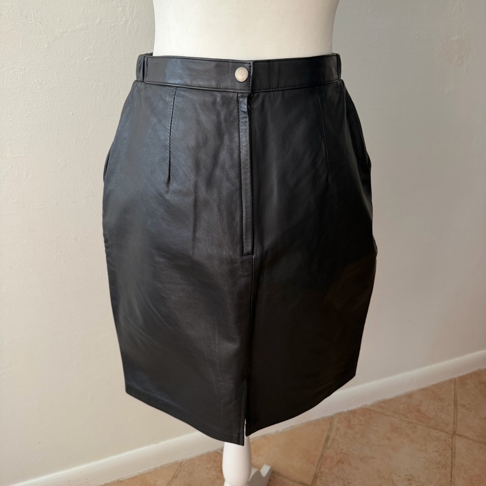 Vintage Jacqueline Ferrar Black Leather Skirt 80s 90s Pencil Pockets Knee Length